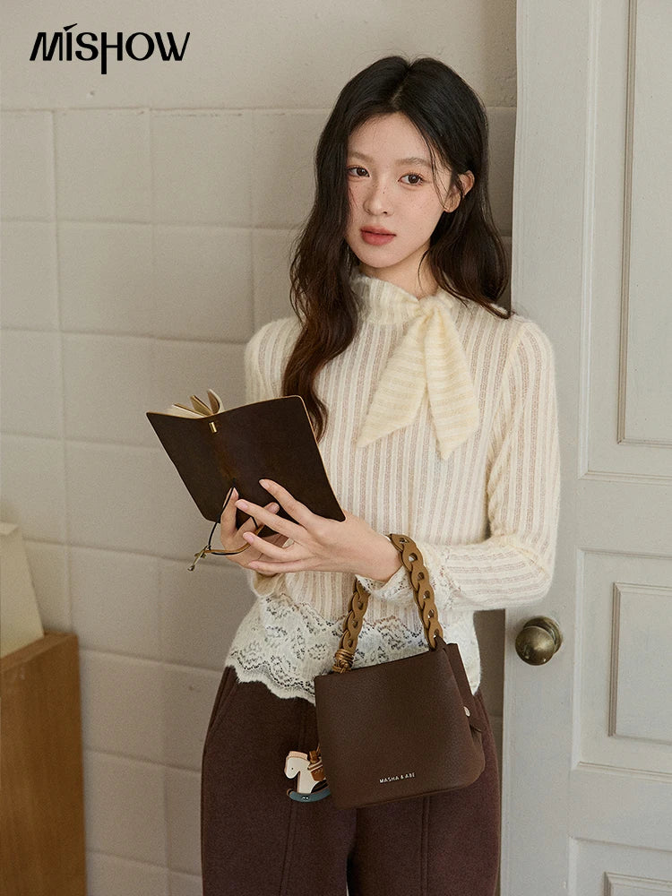 MISHOW French Lace-up Bottom Tops Women Autumn Winter 2025 Korean Vertical Stripe Knitted Top Thickened Interior Tops MXE92Z2797