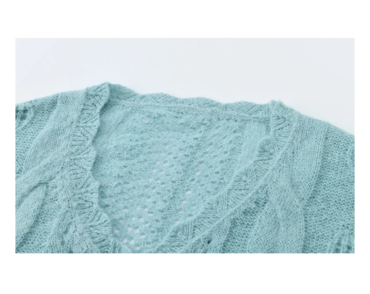 MISHOW Women's Blue Hollow Out Knit Cardigan 2026 Spring V Neck Wool Blend Tops Single Breasted Casual Thin Sweater MXF13Z2975