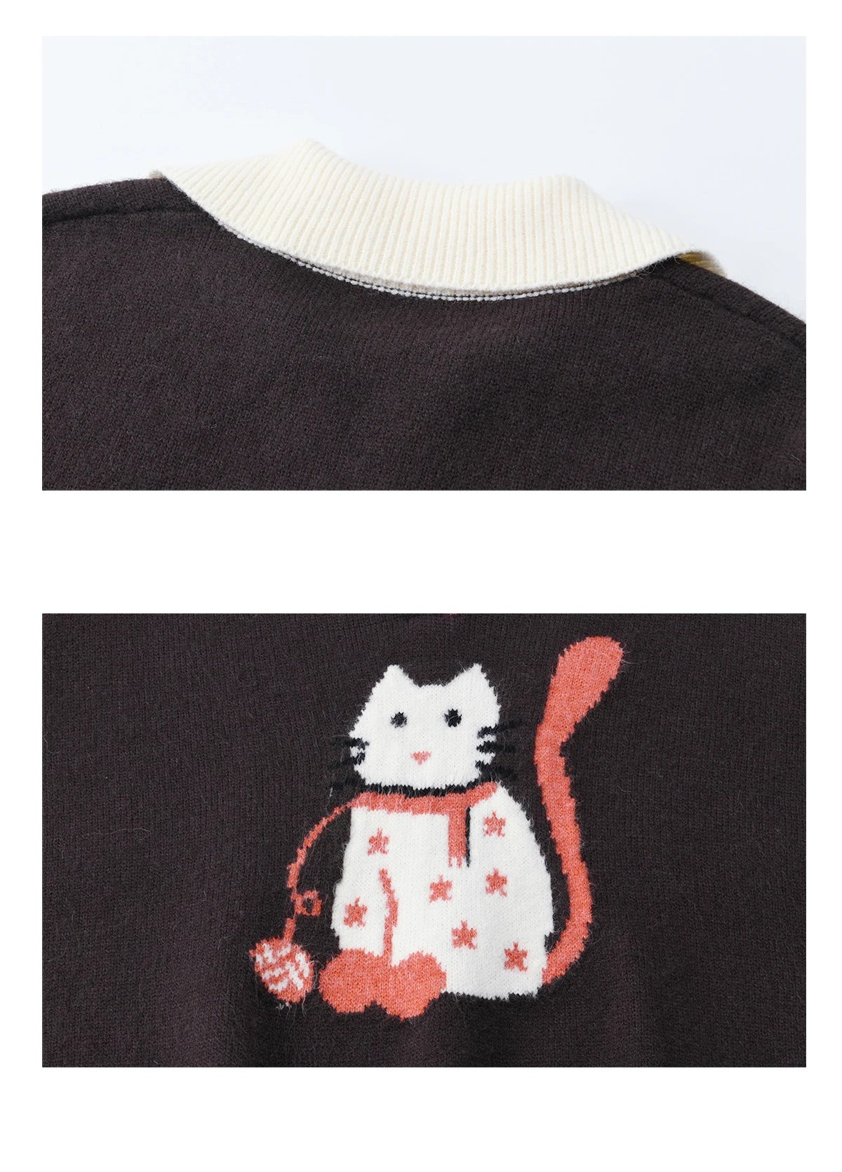 MISHOW Women's Retro Arctic Fleece Cat Sweater 2025 Autumn Winter Color Block Lapel 3D Jacquard Thick Knitted Top MXE90Z2835