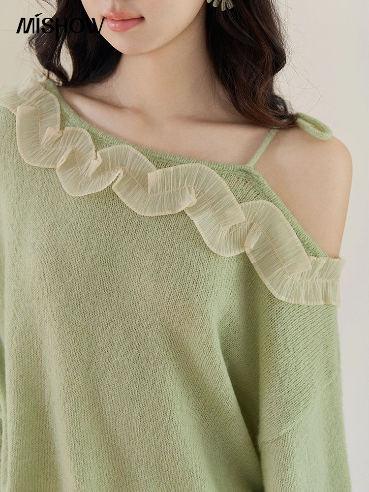 MISHOW Women's Light Green Knit Sweater 2026 Spring Asymmetrical Side Exposed Shoulder Tops Ruffled Casual Loose Top MXF108Z1027