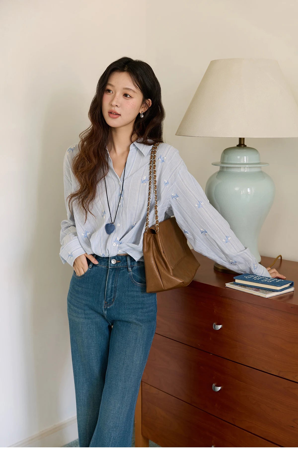 MISHOW  Long Sleeve Shirts for Woman 2025 Autumn Retro Blue Single-breasted Blouse Floral Embroidery Casual Tops MXE45X2495