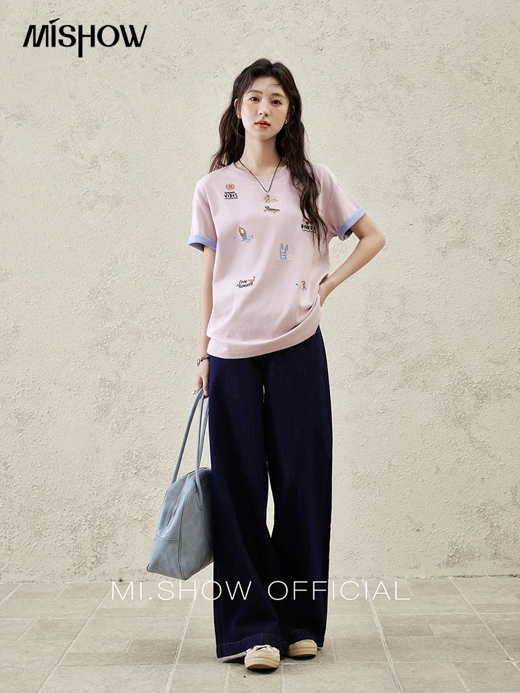 MISHOW Embroidered Casual T-shirt for Women Summer 2025 Short Sleeve Round Neck Shirts Female New Fashion Tops Lady MXE16T0506