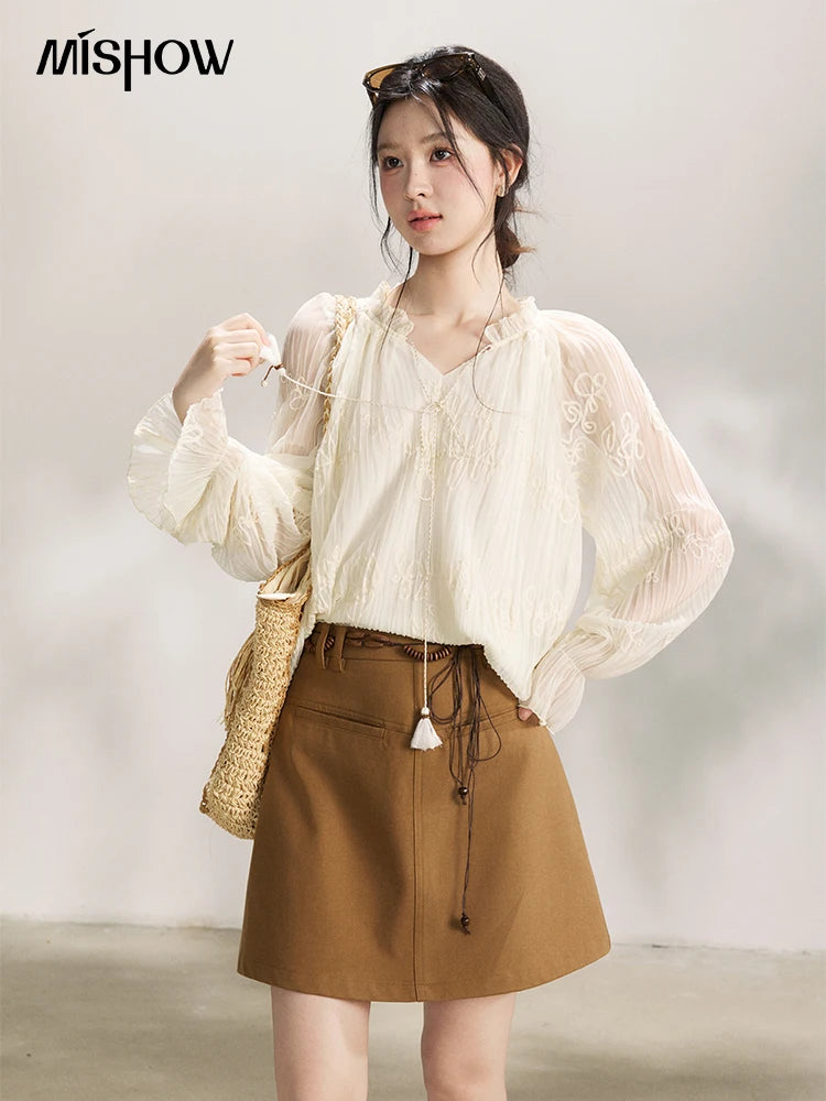 MISHOW Women's Tassel Tie Flower Embroidered Blouse 2026 Spring V-Neck Lantern Sleeves Top Casual Loose Sheer Blouses MXF13X2525