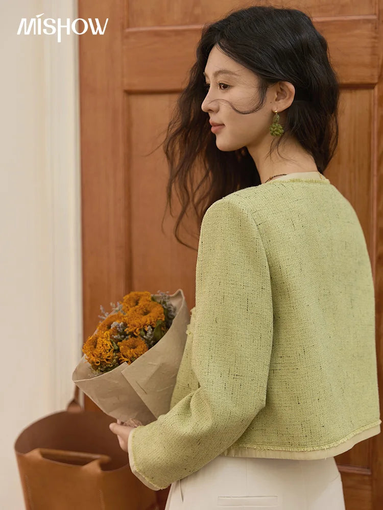MISHOW Green Fragrant Short Coat 2025 Autumn Korean Single Row Metal Buttons Jackets Symmetric Pocket Commuter Top MXE41W0796