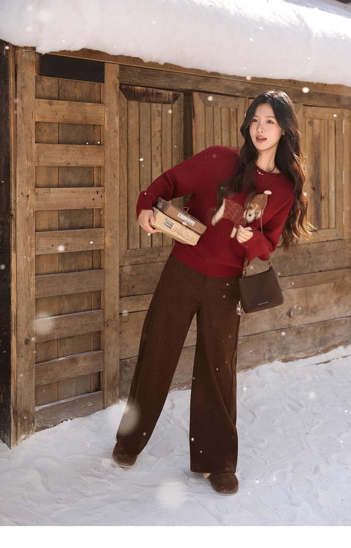 MISHOW New Year Women's Red Knitted Sweater 2025 Autumn Winter Dog Pattern Crew Neck sweaters Warm Loose Pullover Top MXE93Z2811