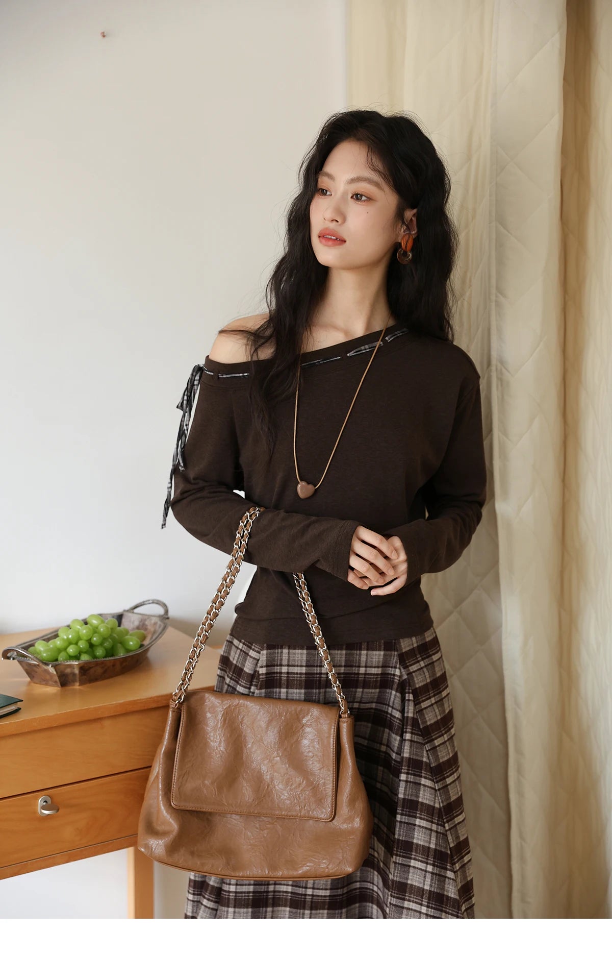 MISHOW Slant Shoulder Knitted Top for Women Autumn 2025 Drak Brown Plaid Strap Design Tops Casual Knitted Base Top MXE45T1402