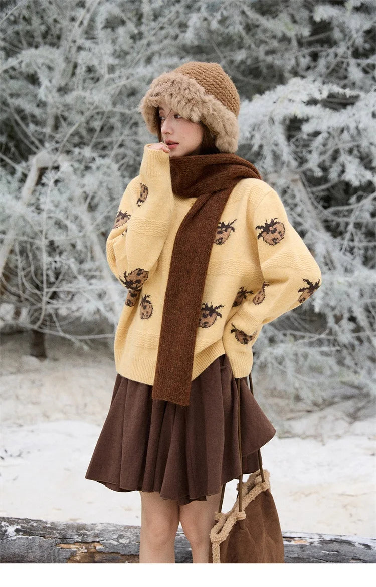 MISHOW Cardigan Women 2025 Autumn Winter Fashion Fuuny Pineapple Jacquard Round Neck Single-breasted Sweater Woman MXE87Z2752