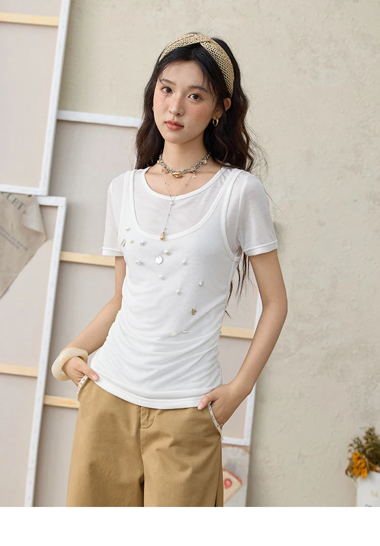 MISHOW White Fake Two Piece Bead Embroidered T-shirt for Women 2025 100 Cotton Tees Round Neck Knitted Breathable Top MXE35T0566