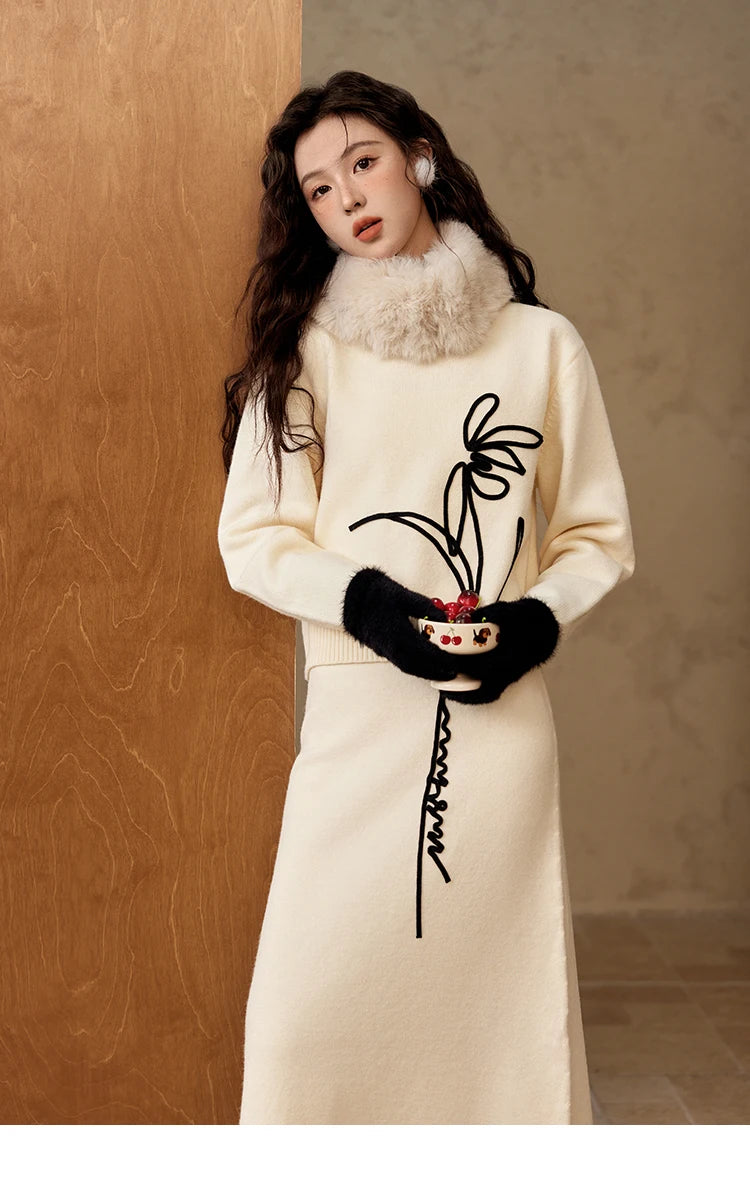 MISHOW French Skirt Sets Embroidery Spliced Contrast Color Two Piece Sets Women High Waist Midi Skirt Knitted Tops MXD57T0463