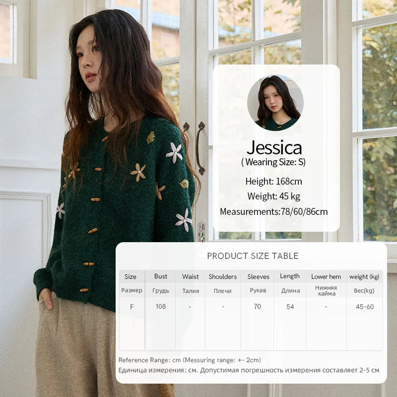 MISHOW Women's Winter Cardigan 2025 New Retro Flower Embroidery Green Knitted Cardigan Casual Long-sleeved Tops MXE86Z2729