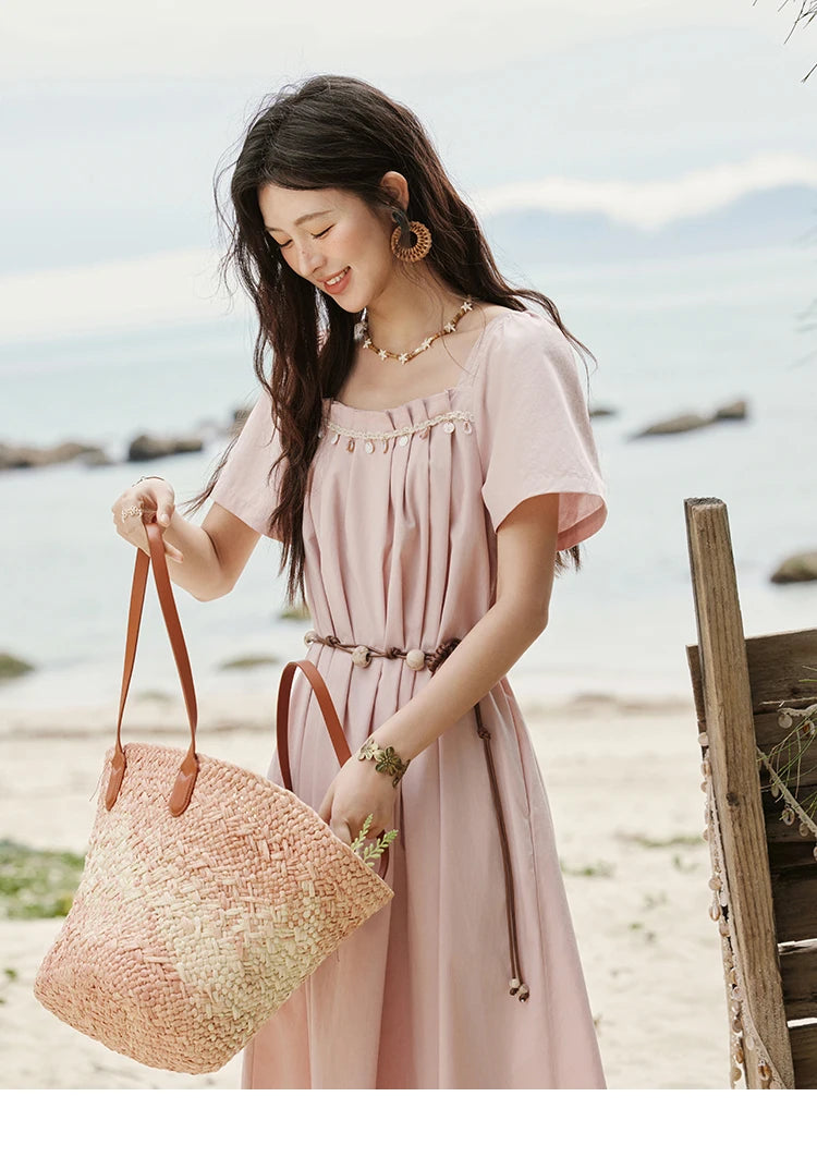 MISHOW Bohemian Pink Women‘s Summer Dresses Women 2025 Short Sleeve Square Collar with Belt Dress Lady New Fashion MXE33L2158
