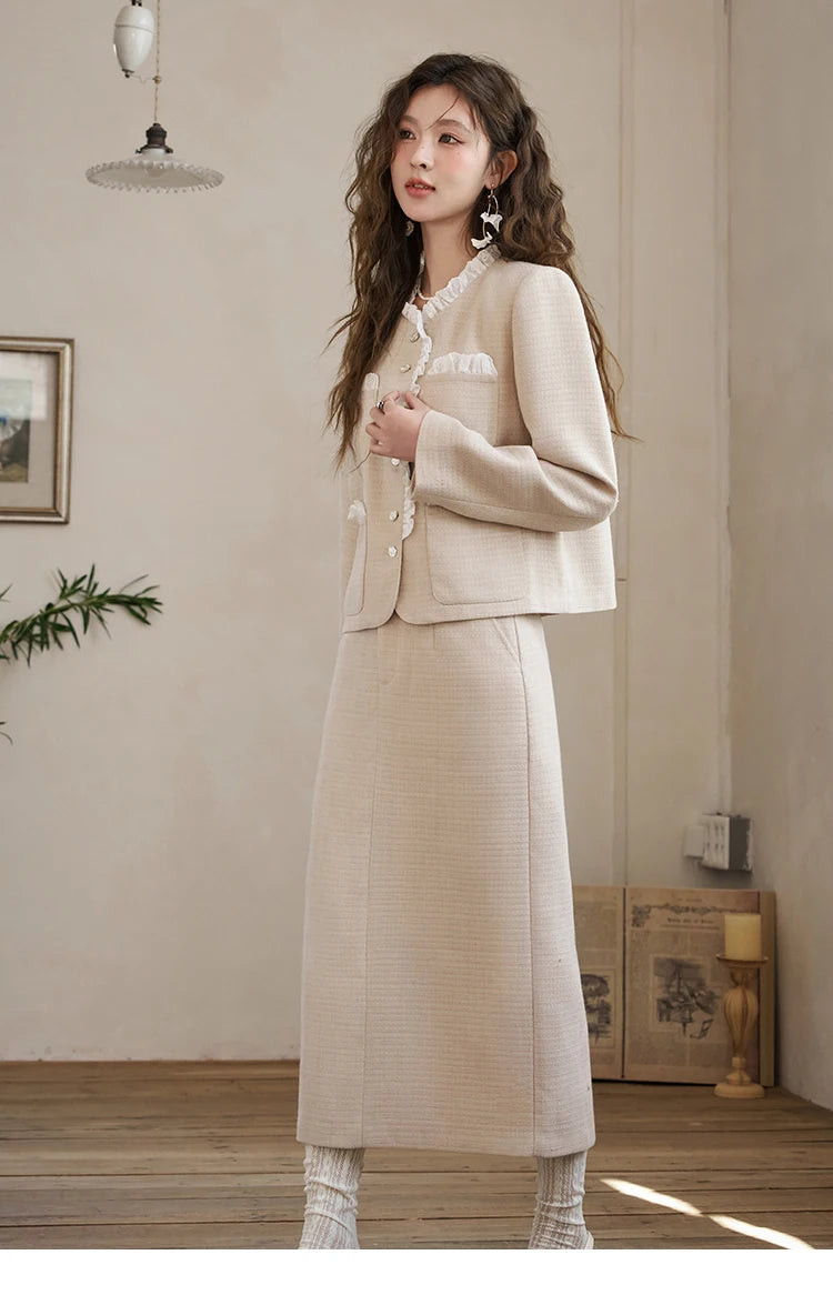 MISHOW French Fragrant Coat Solid Skirt Separately 2025 Spring Collar Pocket Splicing Lace Top Hem Split Back Skirt MXD12W0274