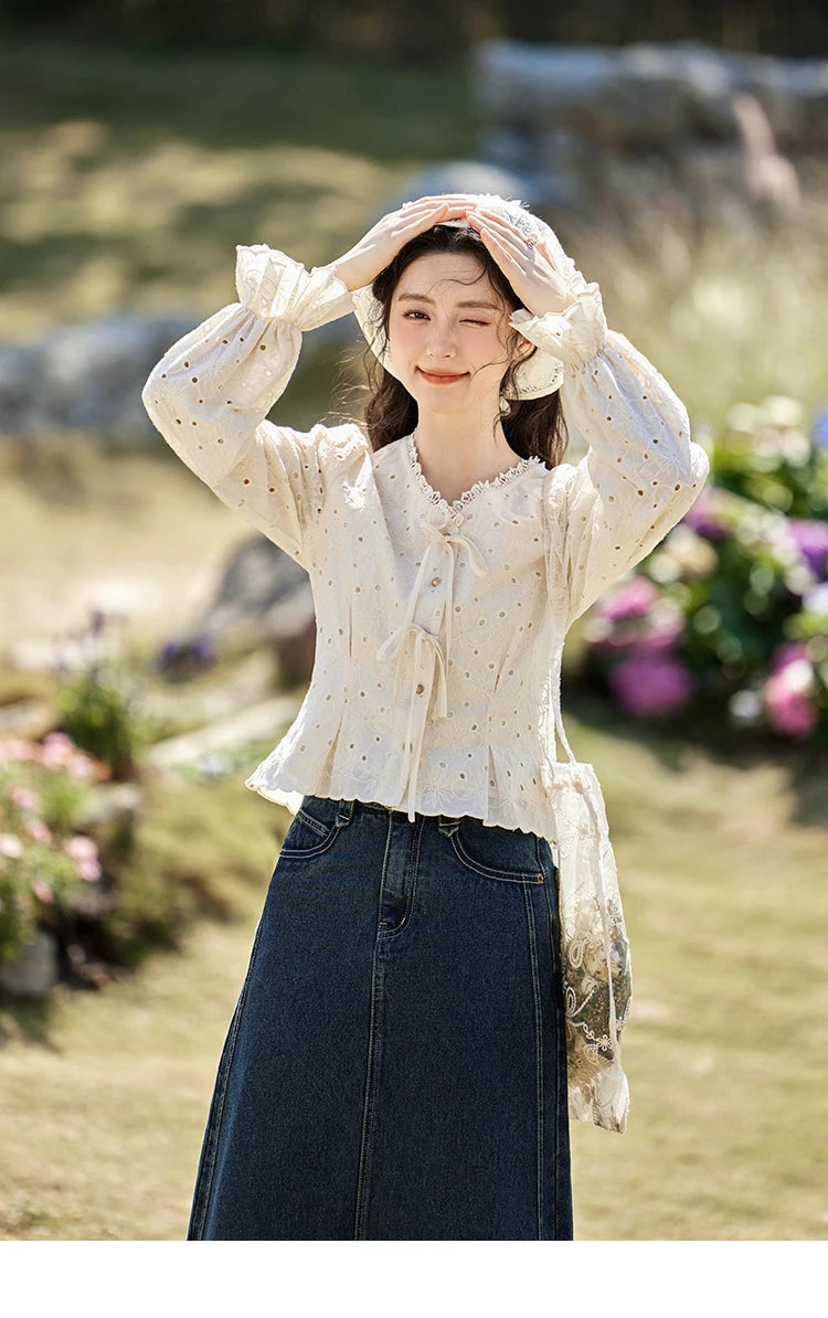 MISHOW Hollow Lace Shirt for Women Spring 2025 French Retro Lace100 Cotton Shirt V Neck Waist Elastic Cuffs Blouses MXE12X1710