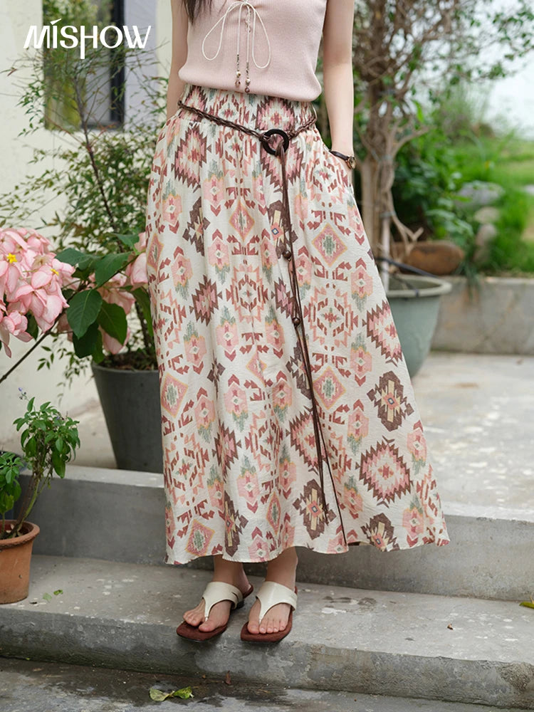 MISHOW Women's Geometric Print Half Skirt 2025 Summer Retro Prairie Chic Pocket Vacation A-line Skirt Female Clothing MXE37B0760