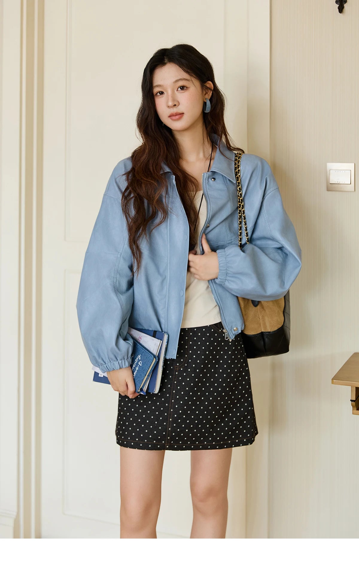 MISHOW Women's Blue Short Jacket 2025 Autumn Hip-hop Style Loose Zipper Coat Commute Pu Leather Lapel Fashion Jackets MXE45W0822