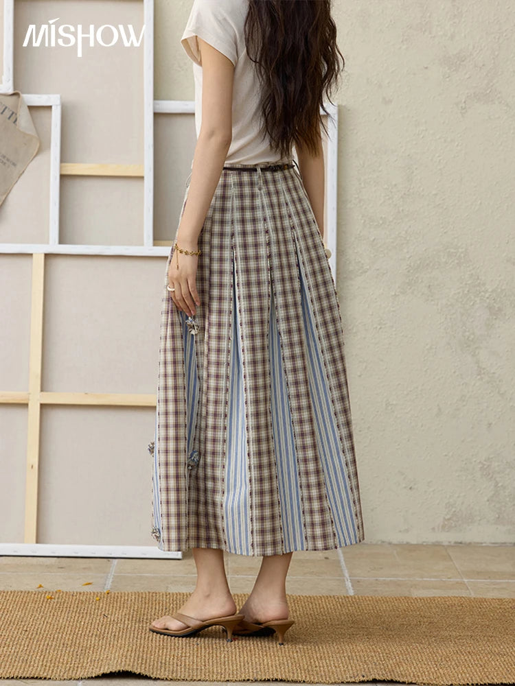 MISHOW Retro Plaid Patchwork Pleats Skirt Summer 2025 Versatile Flowers Slim Skirt A-LINE Skirts Excluding Waist Belt MXE35B0726