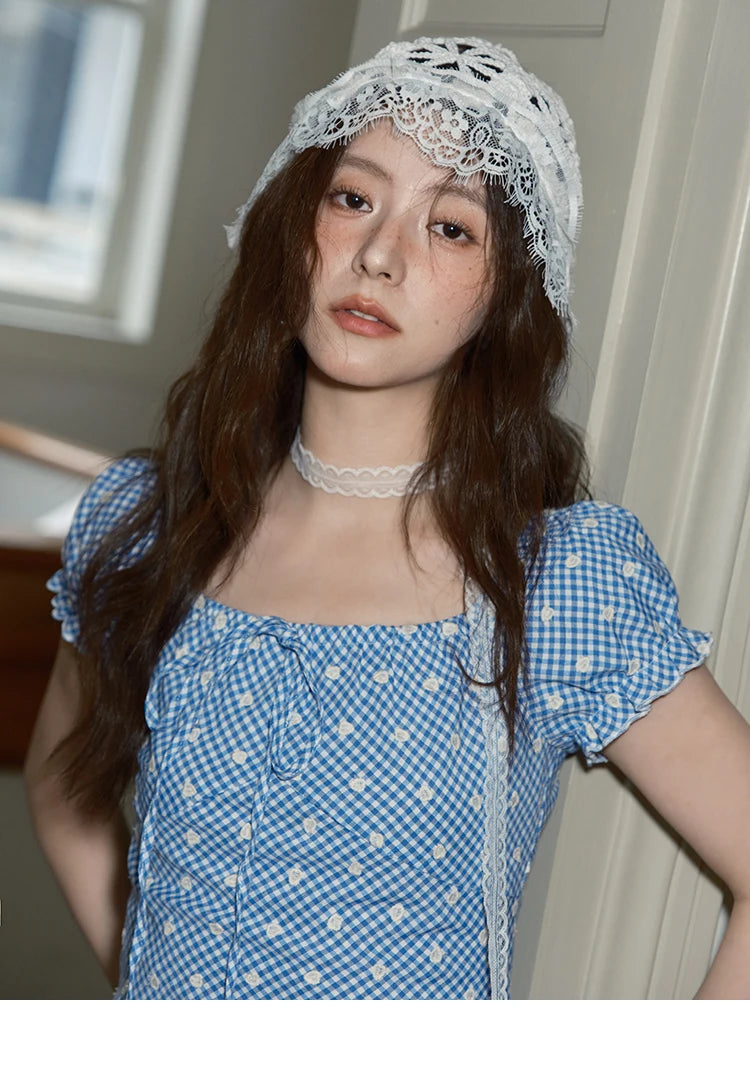 MISHOW Plaid Print Puff Sleeve Top for Women 2025 Summer Slim Square Neck Lace Up Asymmetrical Blouse Ladies Clothing MXE39X1930