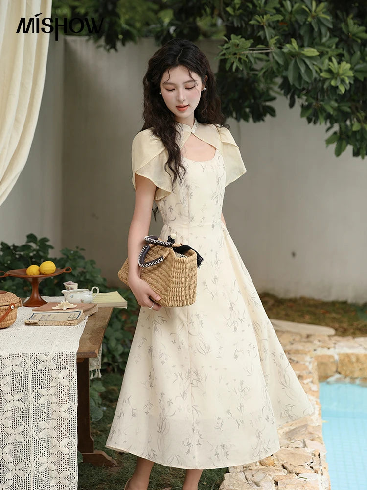 MISHOW Chinese Improved Cheongsam Floral Dress for Women 2024 Summer Hollow Out Fake Two-piece Printed Chiffon Dress MXD23L1799