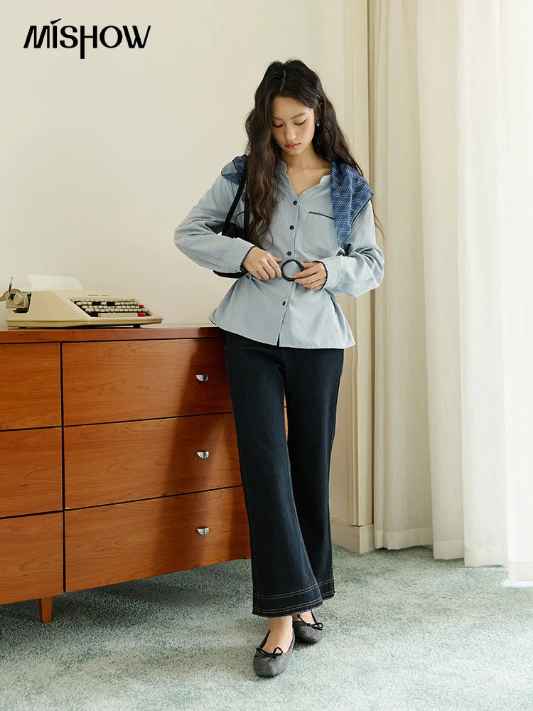 MISHOW Women's Haze Blue Peach Skin Velvet Shirt Autumn 2025 Contrast Color Design Waist Shirts Commute Versatile Top MXE47X2497