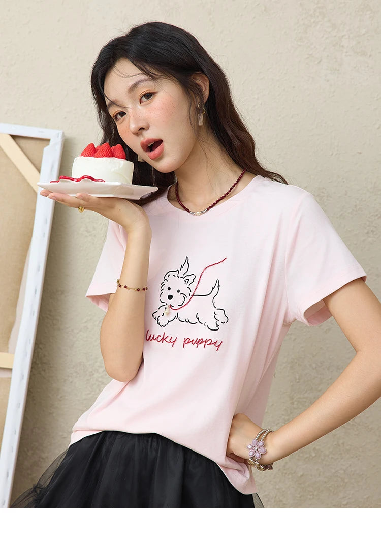 MISHOW Cute Printed Puppy Short Sleeve T-shirt 2025 Summer Round Neck Short Sleeved T-shirt Cotton Blend Casual Tees MXE36T0640