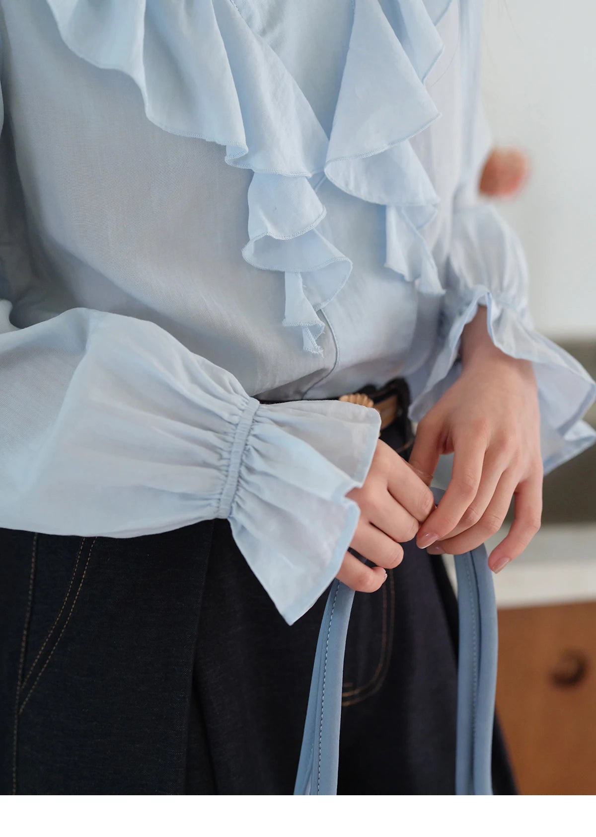 MISHOW Blue Lyocell Ruffled Shirt 2025 Autumn V-neck Flared Sleeves V-neck Shirts Commuting Elegant Versatile Tops MXE41X1969