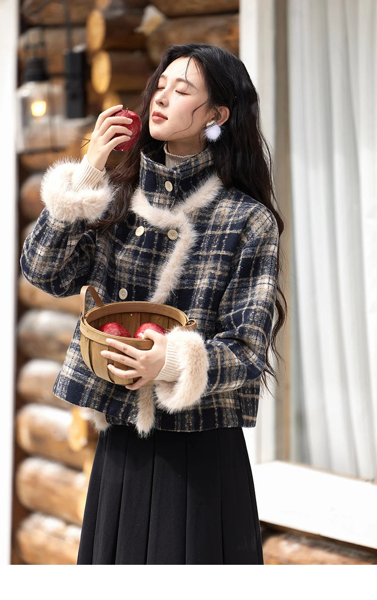 Mishow Vintage Plaid Fur Collar Stand Collar Jacket MXD36W0503
