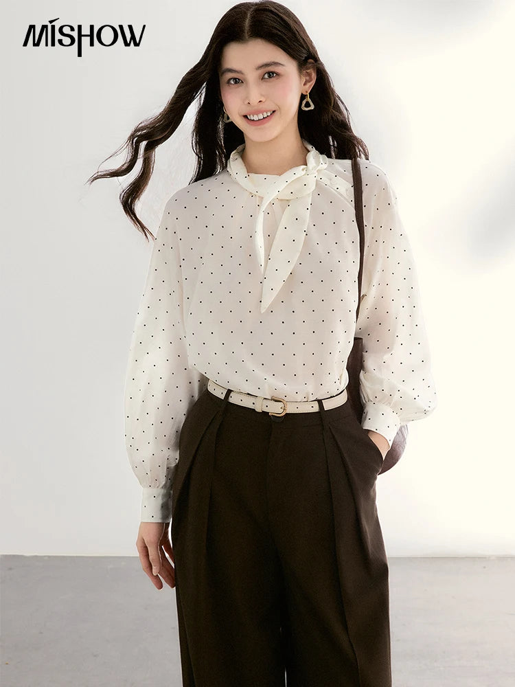 MISHOW Women's White Polka Dot Blouse Spring Bow Tie Neck Sheer Chiffon Blouses Casual Long Sleeve Top Office Lady MXF13X2531