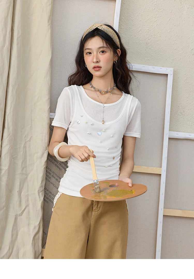 MISHOW 100Cotton Khaki Lace Patchwork Wide Leg Pants for Summer 2025 High Waist Straight Leg Trousers Commuting Pants MXE34K0925