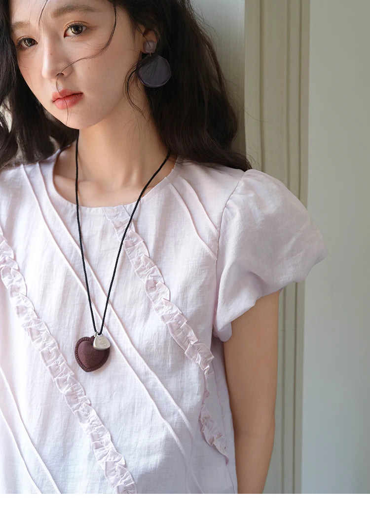 MISHOW Fashion Fungus Edge Puff Sleeve Blouses for Woman 2025 Summer O-Neck French Sweet Loose Top Ladies Clothing MXE39X1941