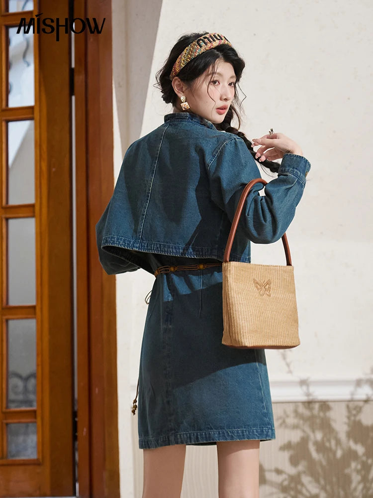 MISHOW Retro Chinese Buckle Denim Short Jacket U-neck Vest Dress Separately 2025 Autumn Casual Coat Knee-Length Dress MXD14L1771
