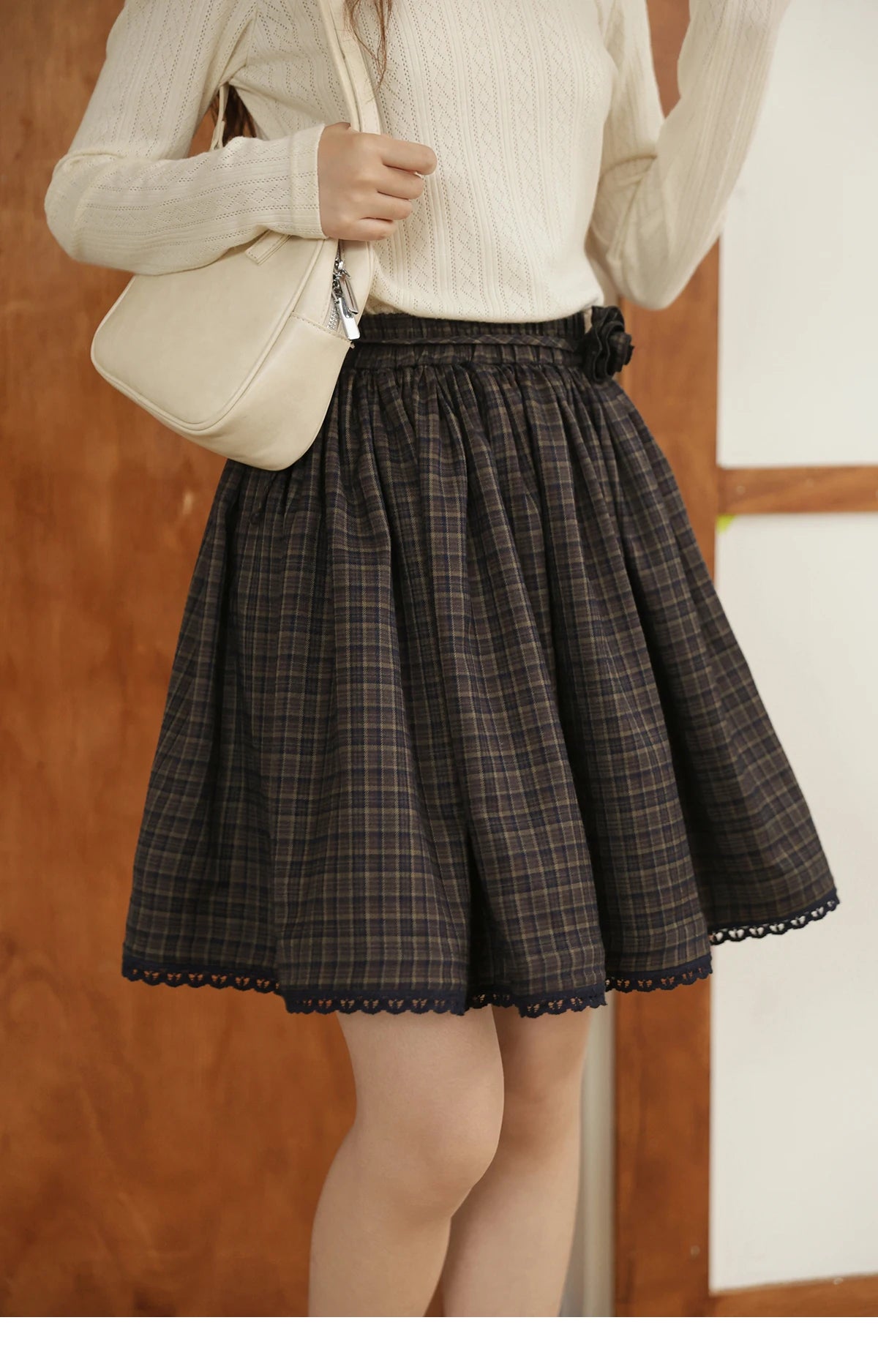 MISHOW Green Plaid Short Skirt Autumn Handmade Flower Tie Brushed Fabric Skirt Elastic Waist Hem Splic Lace Skirts MXE44B2407