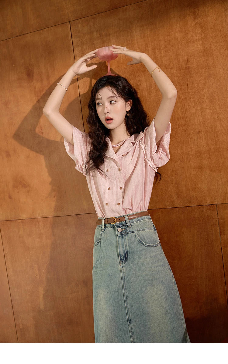 MISHOW Retro Pink Short Sleeved Shirt 2024 Summer V-neck Folded Ruffled Edge Top Elastic Cuffs Lapel Neck Blouses MXD29C0273