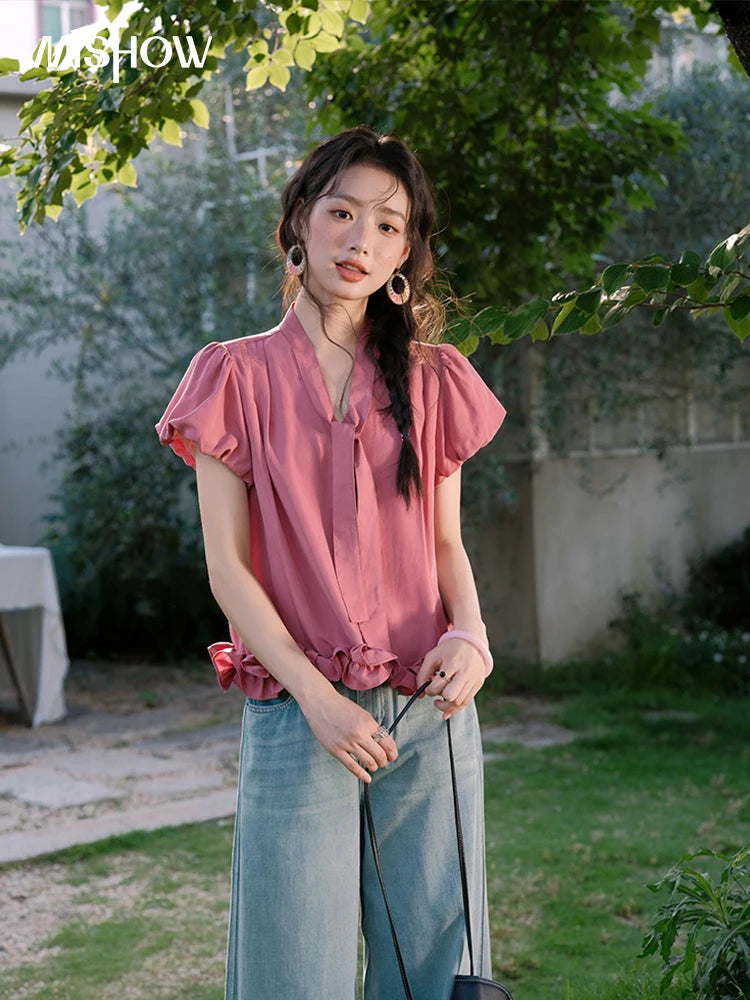 MISHOW Women's Summer V-neck Blouse 2025 New Fashion Puff Sleeve Lace Up Button Sweet Top Casual Female Clothing MXE38X1914