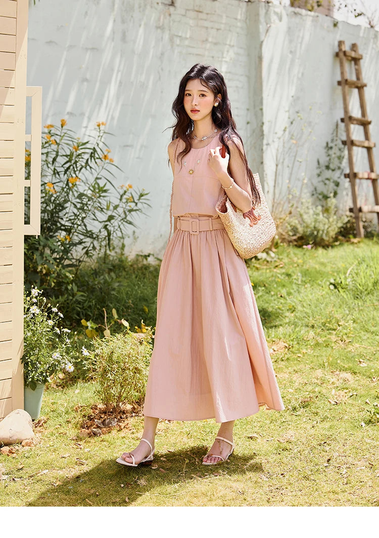 MISHOW Women's Vest Dress 2025 Summer Hand Woven Fried Dough Twists Waist Belt Slim Long Dress A-line Vacation Dress MXE34L2223