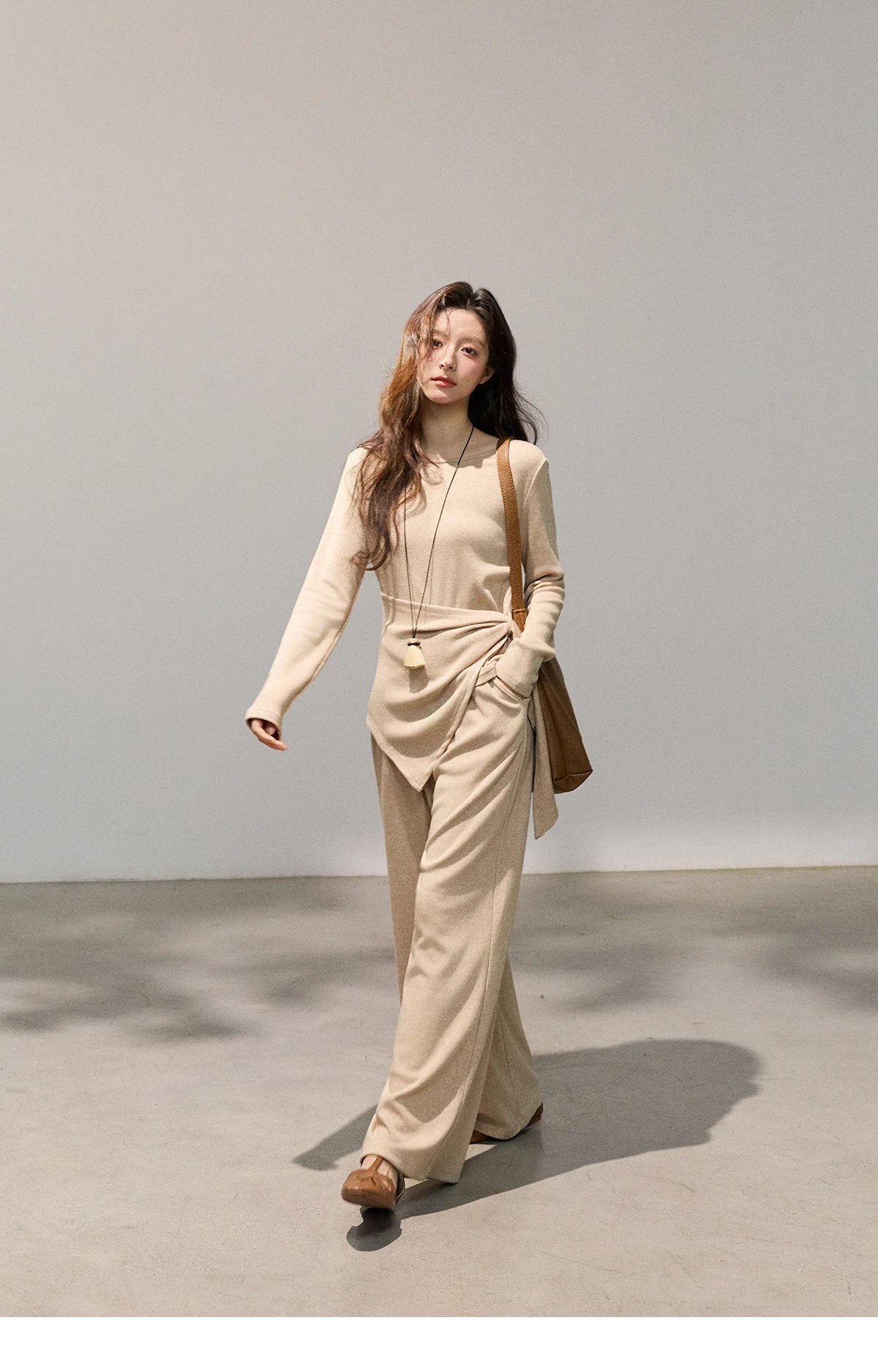 MISHOW Women's Khaki Knitted Two-Piece Set 2026 Spring Asymmetrical Hem Waist-Cinched Top Wide Leg Pants Casual Sets MXF11T1465