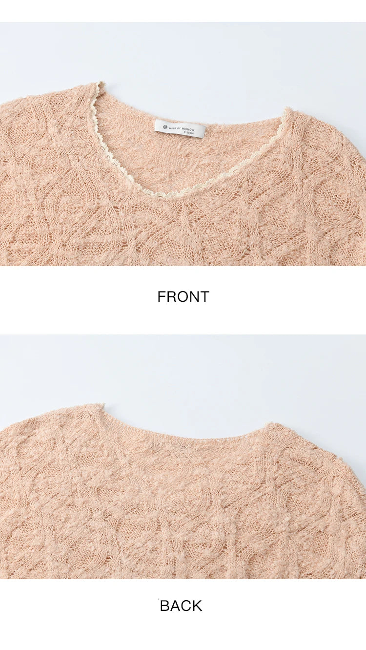 MISHOW Bamboo Loop Yarn Knitted Sweater for Women Autumn 2025 Hollow V-neck Lace Sweater Casual Solid Pullovers Tops MXE43Z1349