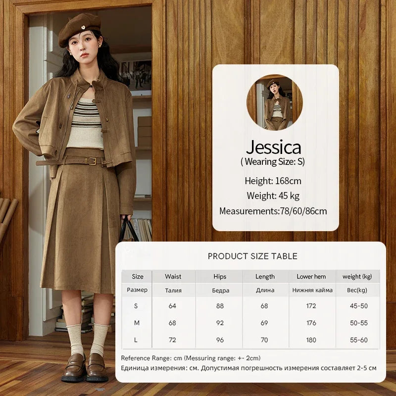 MISHOW Retro Suede Jacket Pleated Skirt Separately for Women 2024 Autumn Short Stand Neck Jacket A-line Short Skirt MXD44W0423