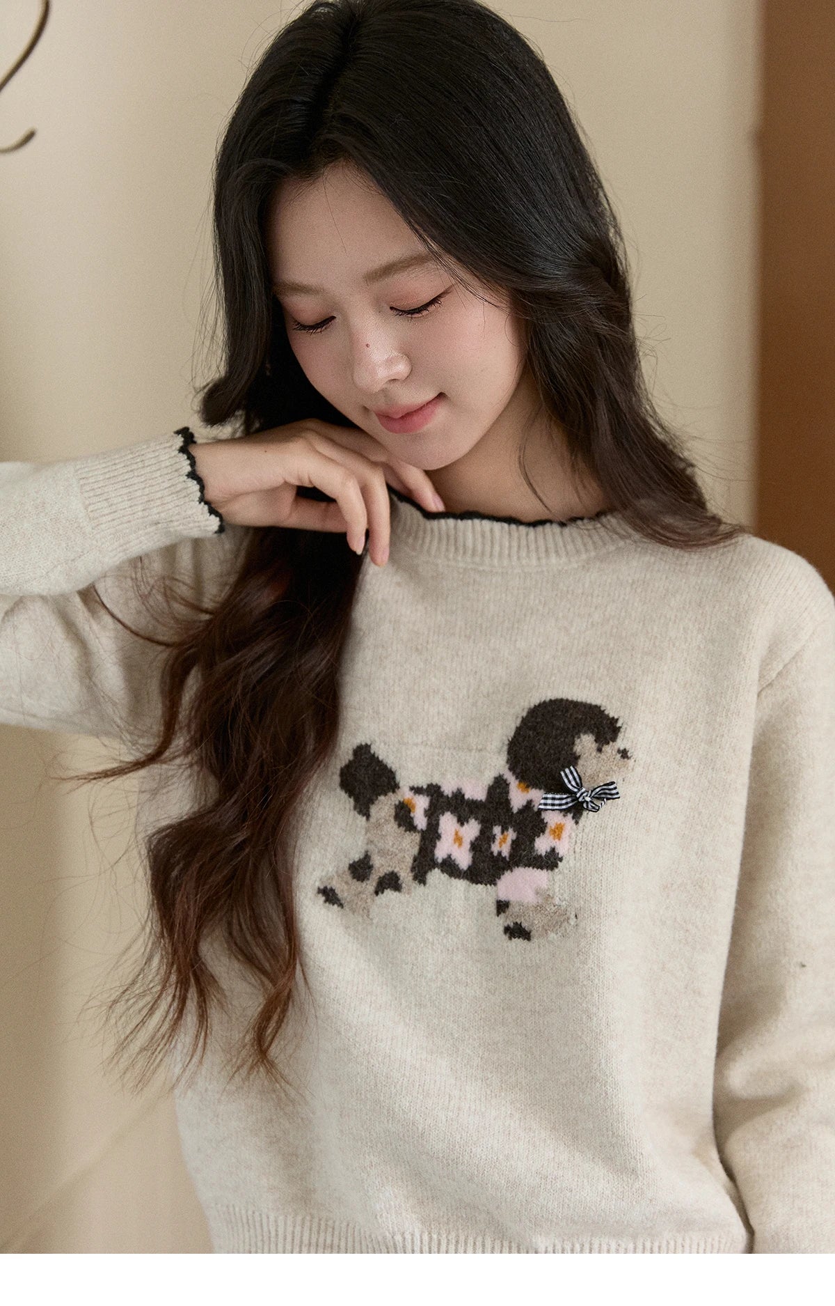 MISHOW Women's Burgundy Knitted Sweater 2025 Winter Poodle Pattern Ruffled Trim Crew Neck Sweater Warm Pullover Tops MXE93Z2949