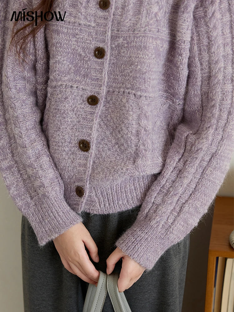 MISHOW Knitted Cardigan Women 2025 Autumn Winter Simple Turn-down Collar Loose Comfortable Single-breasted Sweater MXE48Z2611