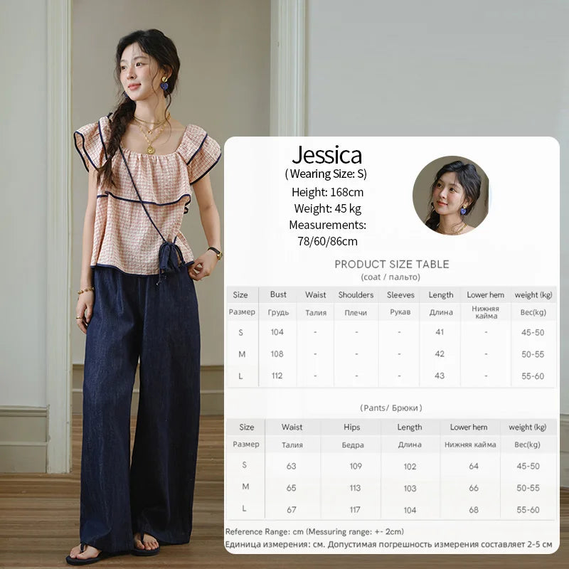 MISHOW Two-Piece Ladies Set Square Neck Ruffles Plaid Blouse High Waist Slim Wide Leg Casual Pants Set 2025 Summer MXE36T0636