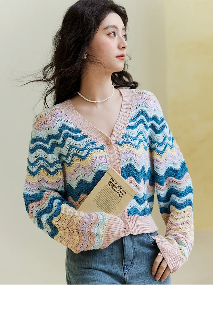 MISHOW Color Stripe Knitted Cardigan Women 2025 Spring V-neck Long Sleeve Loose Cardigans Woman Fashion Office Lady MXE16Z1203