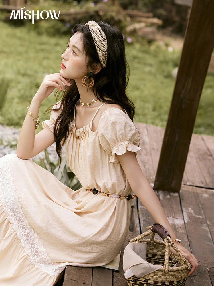 MISHOW French Holiday Summer Dresses Women Summer 2025 Short Sleeve Halter Neck Off-shoulder Long Dress Female New MXE31L2190