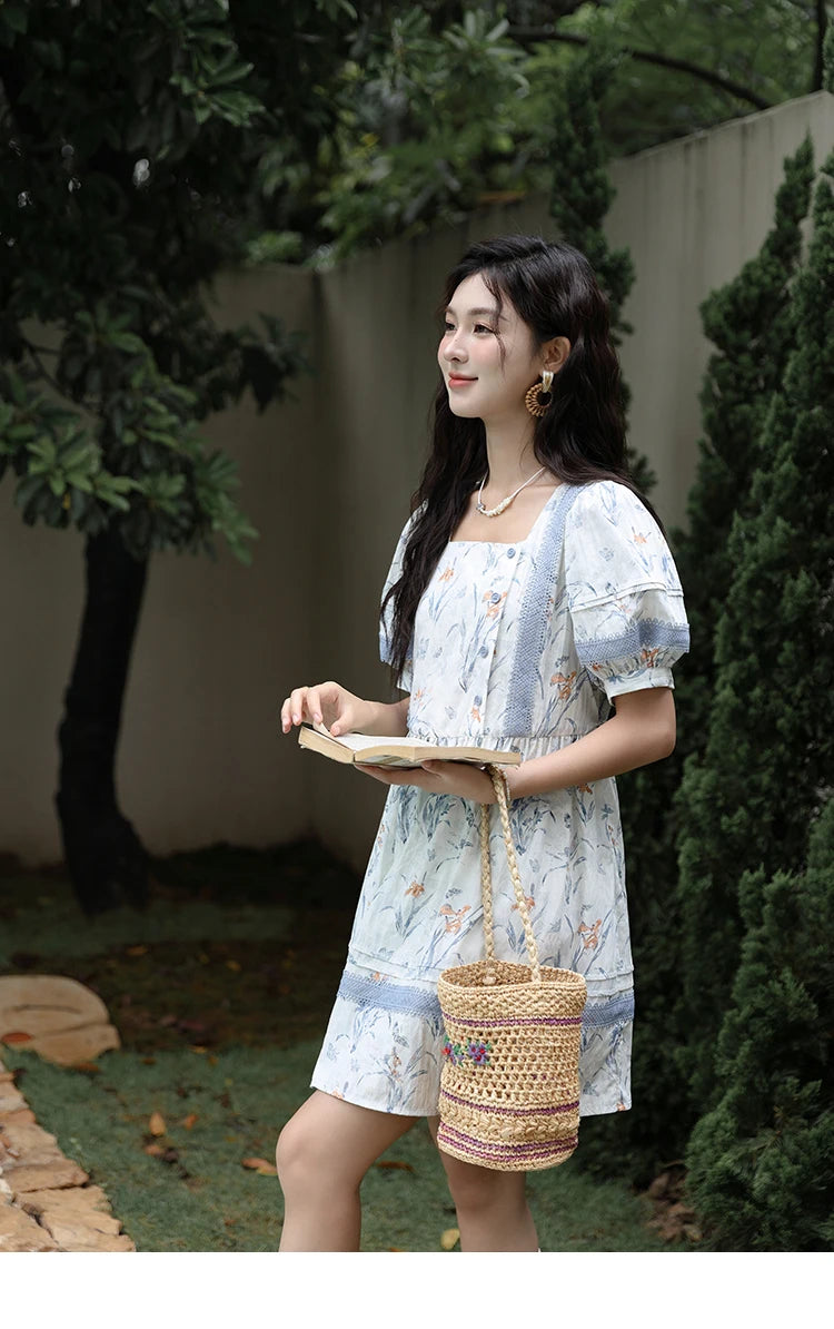 MISHOW Ink Wash Printed Fabric Dress for Women 2025 Summer French Oil Painting Square Neck Splicing Lace Doll Dresses MXD29L1932