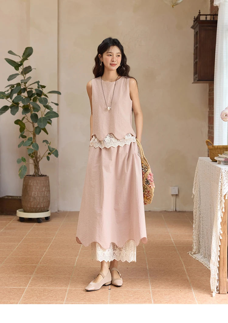 MISHOW Set 2 Piece 2025 Summer Women's O-Neck Lace Patchwork Sleeveless Top Elastic Waist Midi Skirt Elegnat Set MXE36T0641