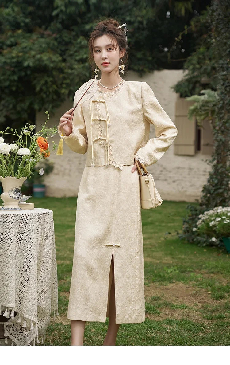 MISHOW Chinese Lace Edge Jacket Midi Skirts Separately Spring 2025 Elegant Top Irregular Jacquard Front Split Skirts MXD15W0370