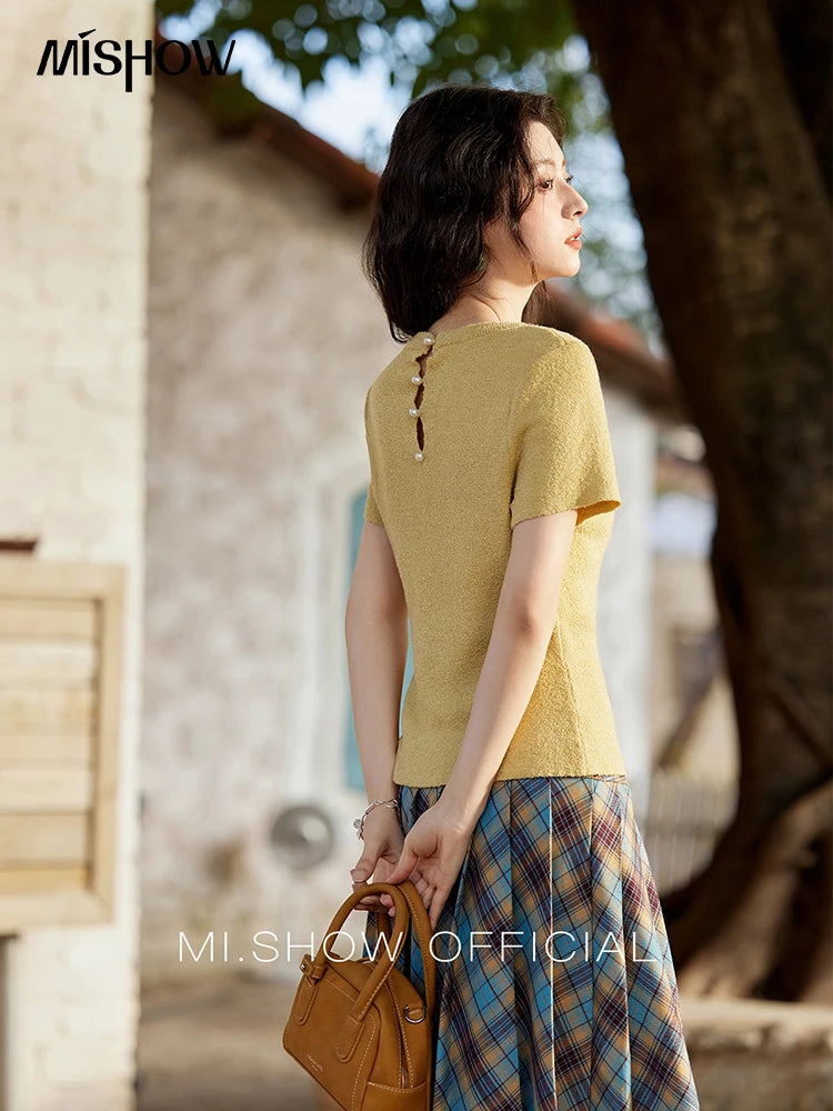 MISHOW Women's Short Sleeved Knitted T-shirt Spring 2025 Korean Minimalist Back Hollowed Out Pearl Buckle Design Tees MXE13Z1072