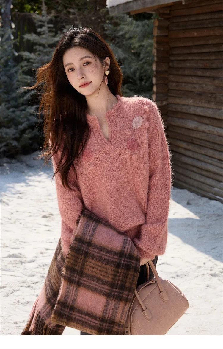 MISHOW Women's Raspberry Pink Wool Blend Sweater 2025 Winter French Floral Pom-Pom Embroidered V-Neck Knitted Top MXE86Z2740