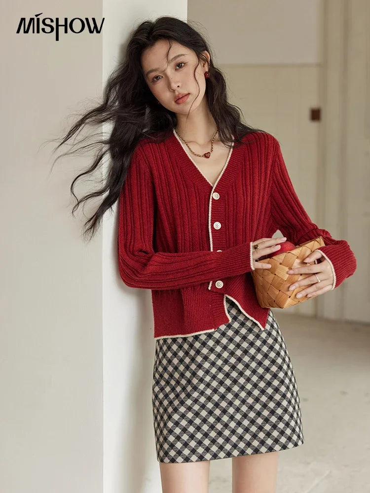 MISHOW Vintage Knitted Cardigan Women French Gentle V-Neck Long Sleeve Sweater Design Premium Color Clash Knit Top MXD34Z0925