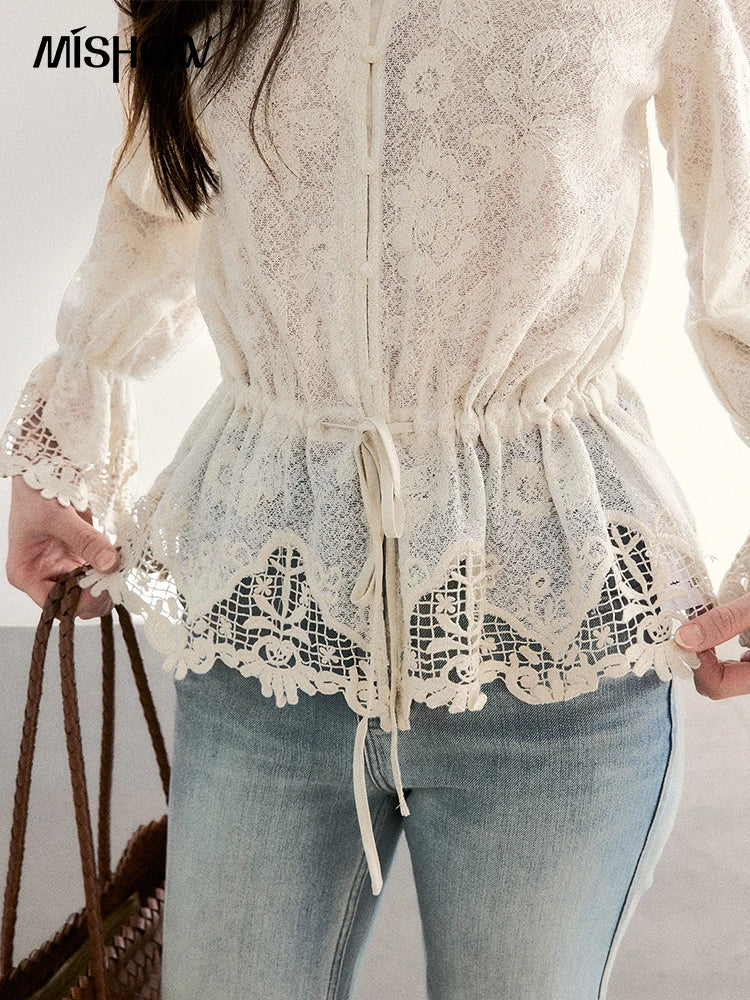 MISHOW Women's Lace V Neck Long Sleeve Shirts 2026 Spring Drawstring Waist Ruffled Hem Casual Loose Apricot Blouse MXF108X0998