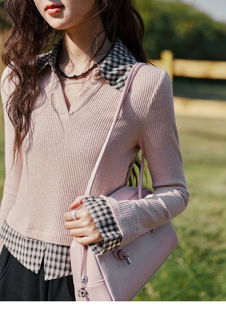 MISHOW Plaid Splicing Fake Two-piece Tops for Women Spring 2025 Contrasting Colors Slim Thin Top V-neck Casual Tees MXE13Z1108